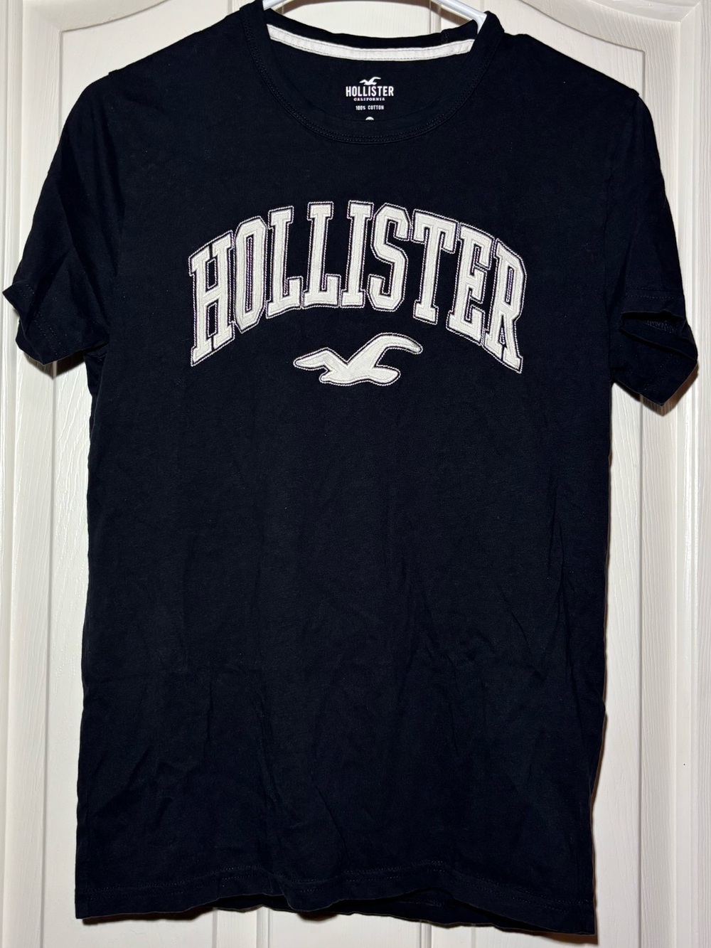 Hollister Black Short-Sleeve Logo Tee with White Embroidered Lettering